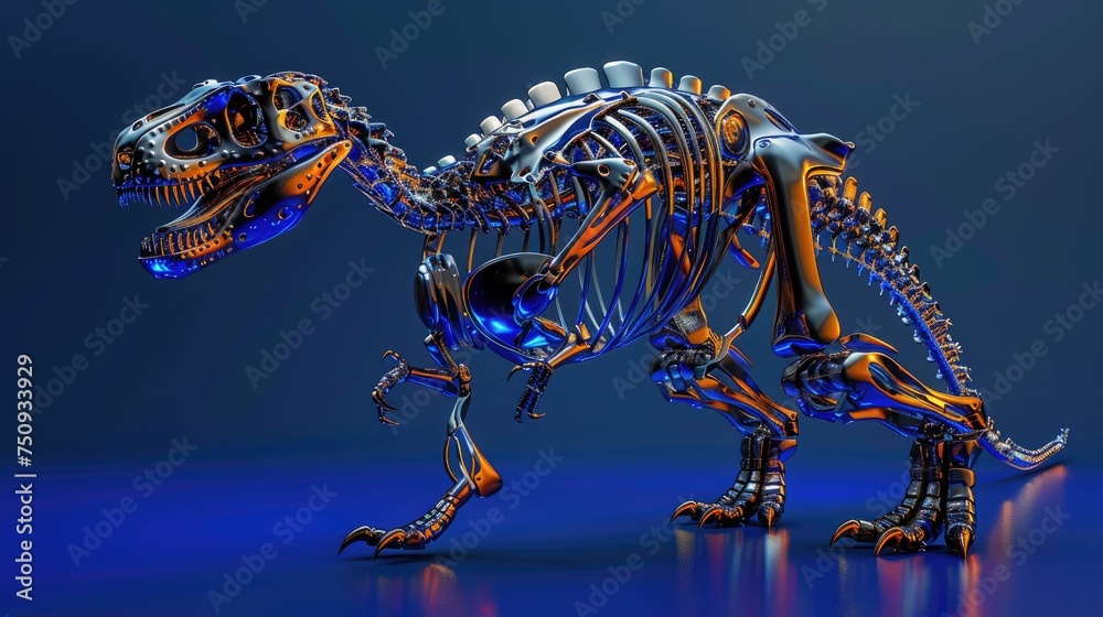 Obraz premium A futuristic mechanical dinosaur with a sleek metallic design
