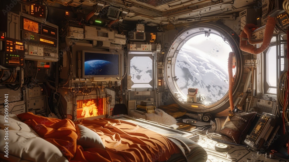 The cozy interior of a spacecraft overlooking Earth