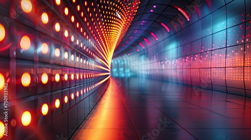 Vibrant red and blue lights lining a futuristic tunnel