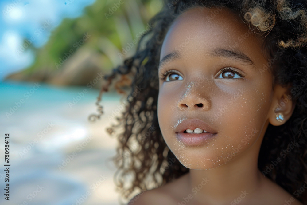 African child girl walking on sandy coast of tropical sea against background of palm trees African child girl walking on sandy coast of tropical sea against background of palm trees