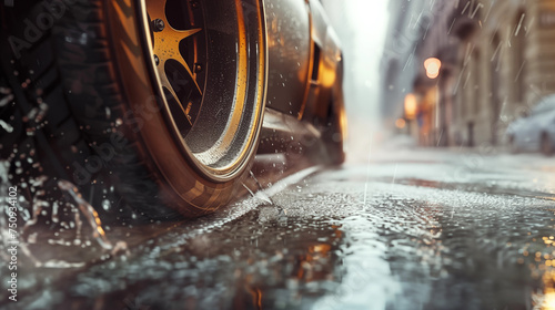 Close-up shot of a racing tire on a wet street photo