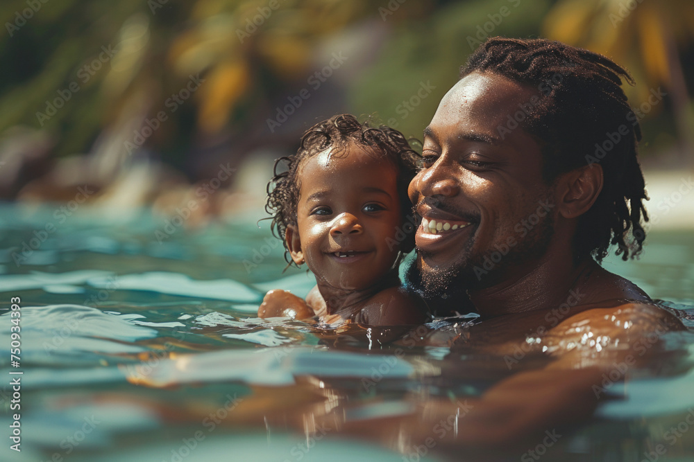 African father holds a child in his arms while swim in tropical sea with palm trees African father holds a child in his arms while swim in tropical sea with palm trees