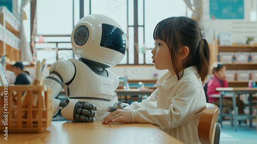 A Japanese girl communicates with an android robot in a primary school class. Friendship between man and android, technology in education