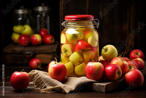 Canned apples jar with fresh fruits on a wooden table
