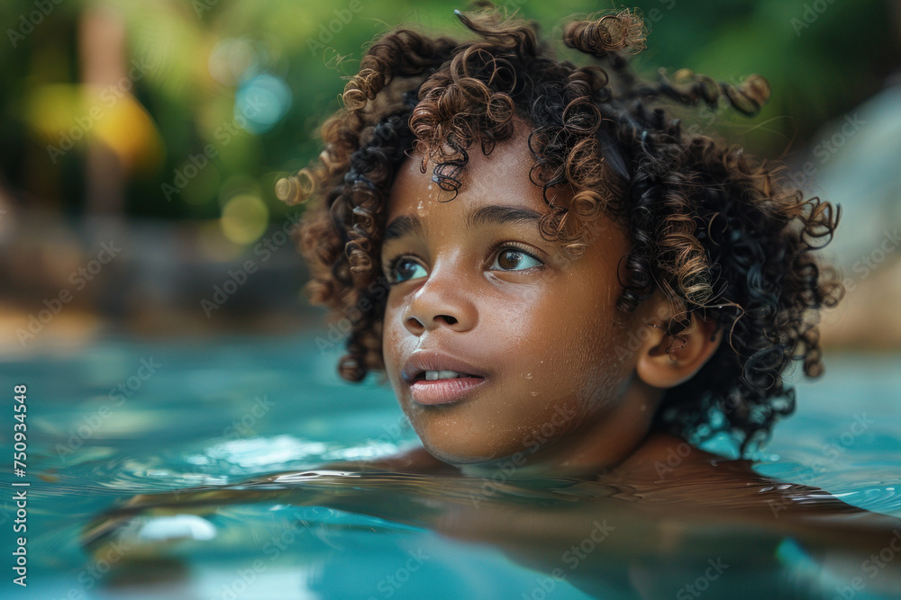 African child boy swim on tropical sea against the background of palm trees. African child boy swim on tropical sea against the background of palm trees.