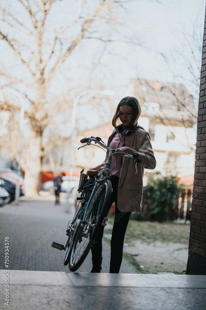 Naklejka premium A stylish young woman engages with her smart phone beside her parked bicycle on a sunny city street.
