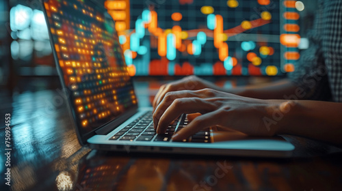 Close-up of a businessman's hand using a laptop computer to trade currency and collect web analytics. Cryptocurrency trading. photo