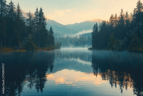 Tranquil Dawn at the Forest Lake