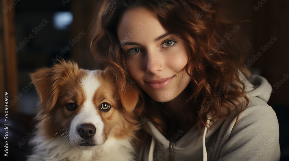 Positive curly girl posing with a dog hugging a pet, in a pink hoodie in a room, natural light,