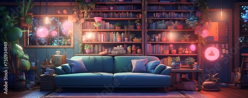 Plakat Dynamic virtual backgrounds with cozy lofi anime living room vibe for streaming. Concept Virtual Backgrounds, Cozy Atmosphere, Lofi Anime, Living Room Vibe, Streaming