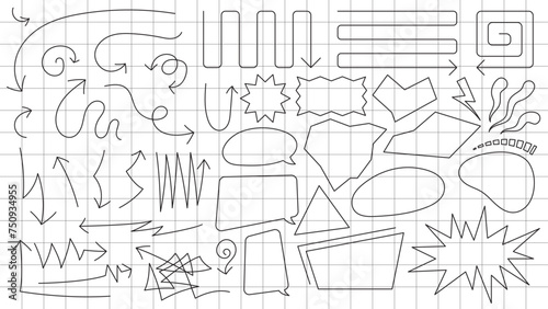 doodle pen scribbles, vector illustration of symbols, arrows, chat bubbles, comic effects