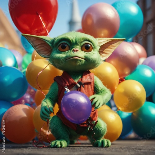  Leica portrait of a gremlin holding balloons, coded patterns, sparse and simple, uhd image, urbancore, sovietwave, period snapshot, realistic photo, 4k realistic photo photo