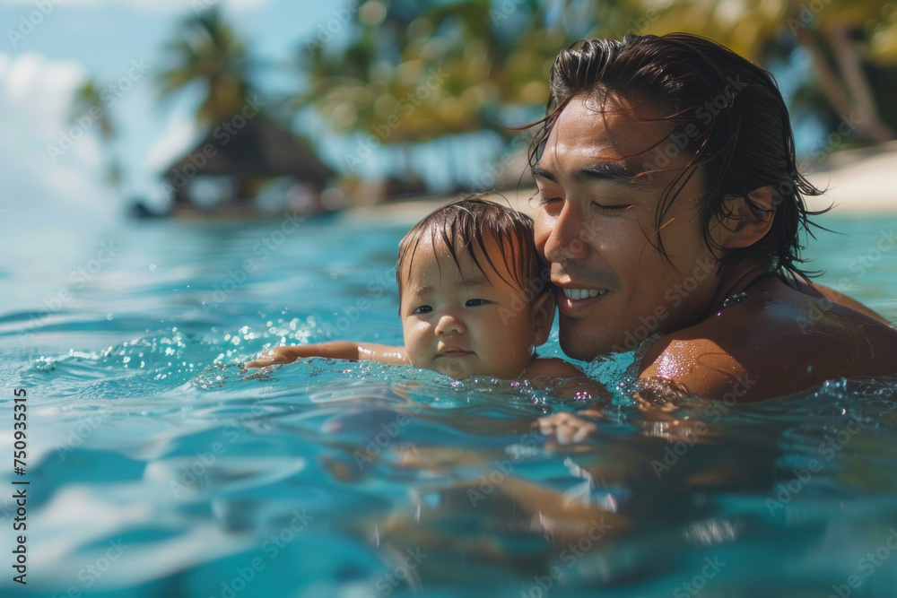 Asian father holds a child in his arms while swim in tropical sea with palm trees Asian father holds a child in his arms while swim in tropical sea with palm trees