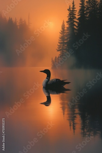 Morning on a foggy lake with a duck