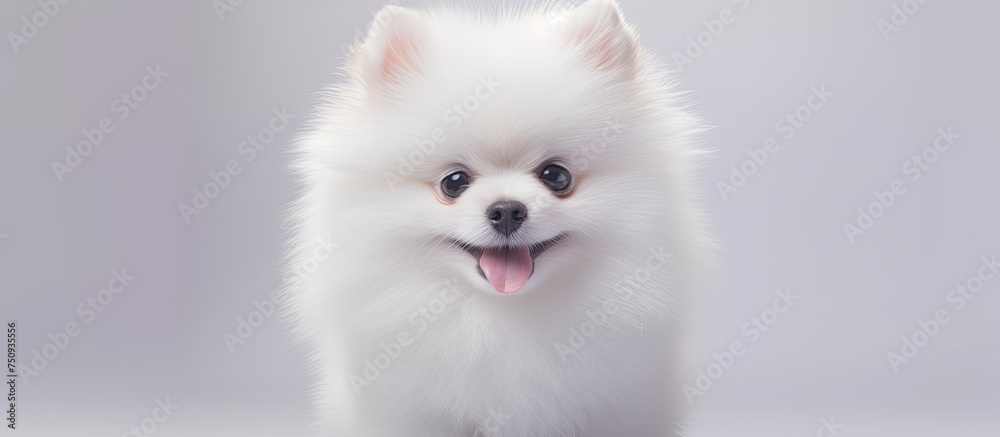 Fototapeta premium An adorable Pomeranian spitz puppy with a fluffy white and cream coat is standing on a white floor. The background is light gray with hints of lilac.