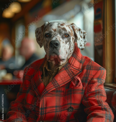A great dane dog sitting on a bench. Generative AI.