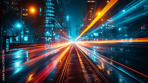 A dynamic and vibrant cityscape at night. Long exposure techniques create mesmerizing light trails from moving vehicles, illuminating street. The speed and motion, dynamic and energy of night city