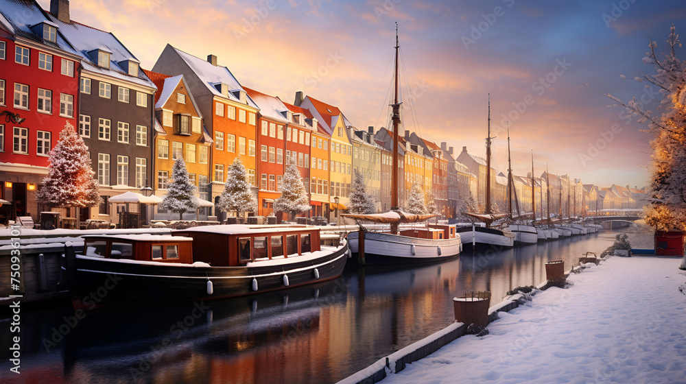 Beautiful winter evening view of the popular Nyhavn area decorated for Christmas Beautiful Decorated Street with boats and building 
 - obrazy, fototapety, plakaty 