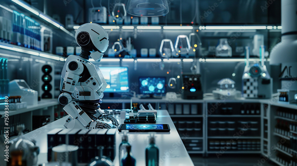 A humanoid robot works in an office on a laptop , work with artificial intelligence, A humanoid robot works in an office on a laptop , work with artificial intelligence,
