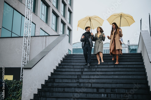 Three stylish friends share laughter under yellow umbrellas as they walk down the wet steps of a city building on a rainy day.