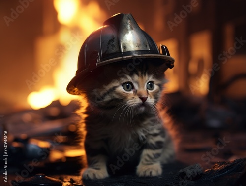 A small kitten wearing a fireman