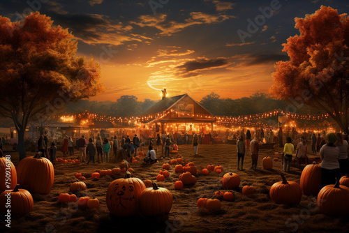Autumn Harvest Festival Scene with Pumpkins and Sunset