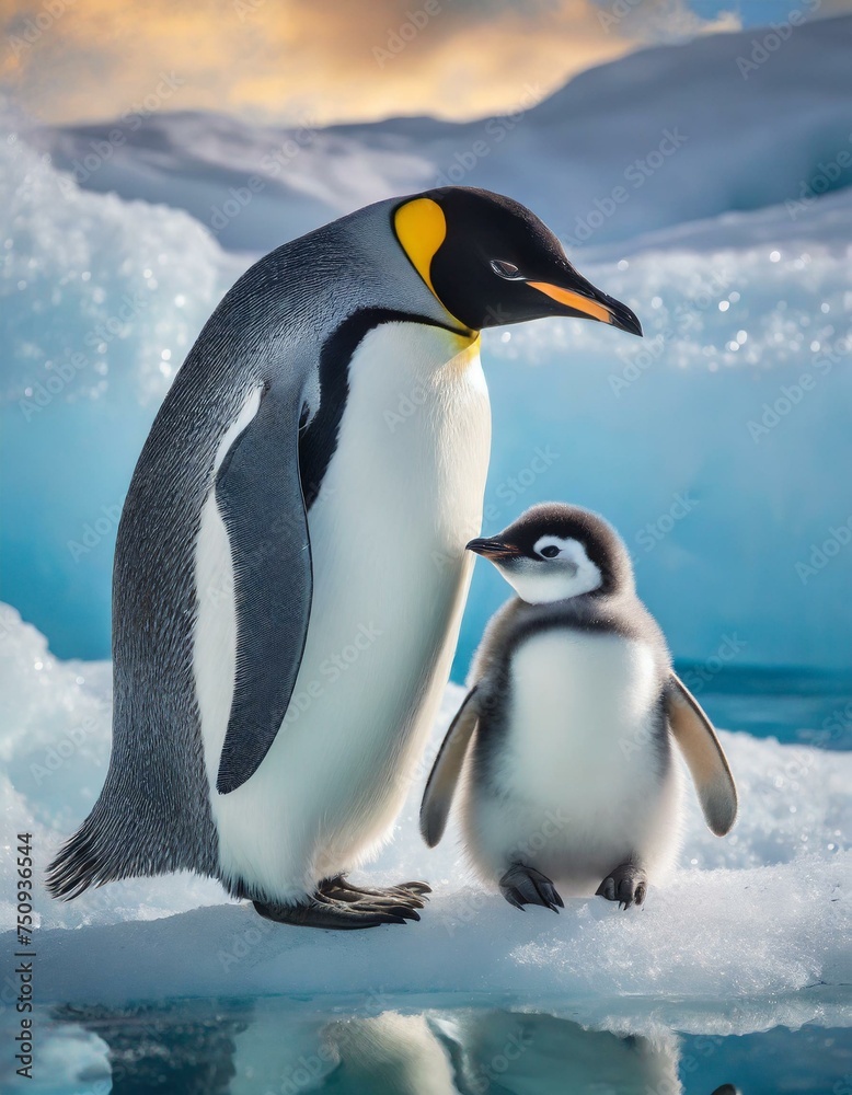 Fototapeta premium A nice penguin with his baby on the ice.