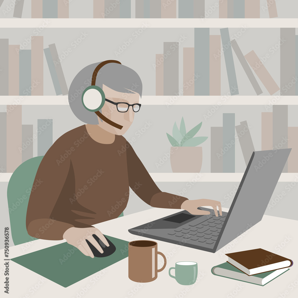 Older person in headphones with a microphone is working on a laptop. Drawing in a flat style.