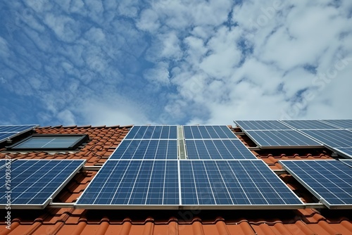 Solar panels mounted on a house roof against a cloudy blue sky