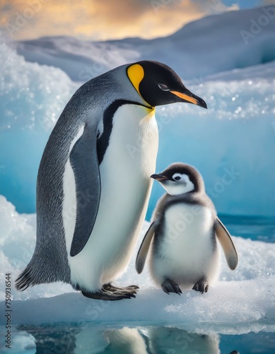 A nice penguin with his baby on the ice.