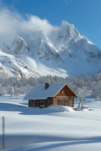 Secluded Cabin Amidst Snowy Peaks Under Blue Sky © Landscape Planet