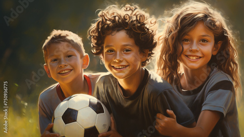 Happy Children Holding Soccer Ball in Sunlight