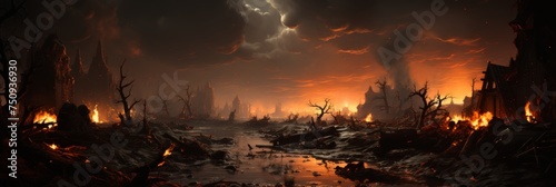 An apocalyptic disaster, a city destroyed by nuclear war, with rubble chaos and burning houses.