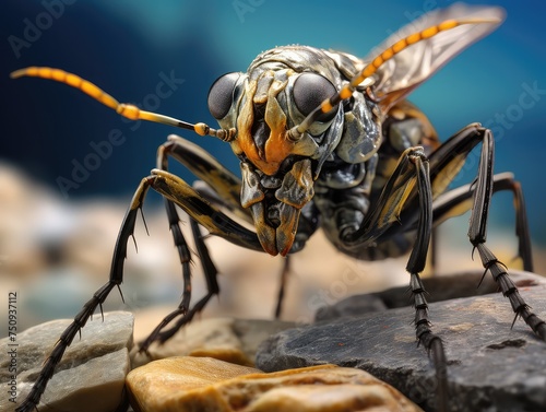 close-up view of an insect with antennas perched on a rock, blending seamlessly into its environment. The insect's intricate features come into focus, revealing delicate antennae