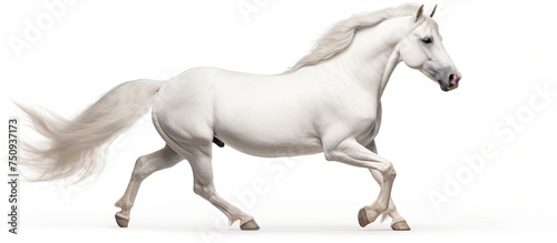 A white horse is seen galloping gracefully on a white background, its powerful movements effortlessly standing out against the crisp, clean setting.