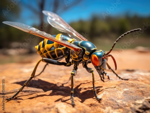 adult spider wasp from the family Pompilidae, a fascinating insect with distinctive characteristics. With its slender body and elongated wings, the spider wasp moves gracefully through its habitat.  photo