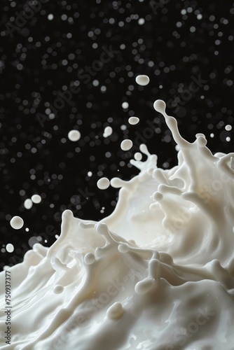 A splash of milk is shown on a black background. Generative AI.