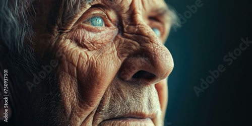 An old man with wrinkles and blue eyes. Generative AI.