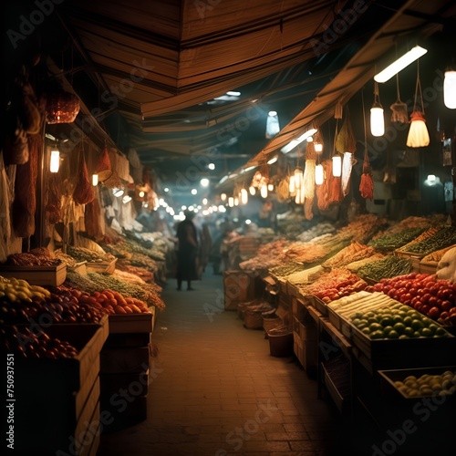 A vibrant night market scene with fresh fruits and vegetables, illuminated by warm lights, with lively trade between vendors and customers