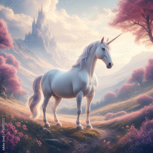 A majestic white unicorn with a golden horn stands gracefully against a breathtaking mountainous landscape during sunset