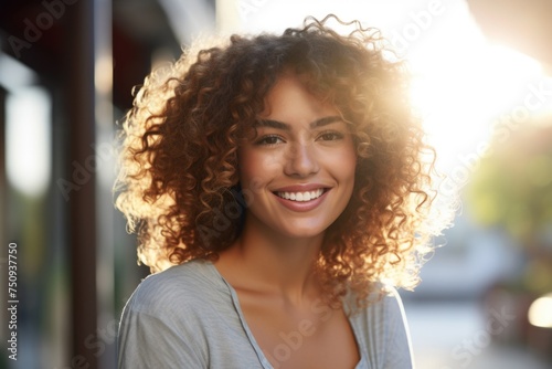 Smiling young woman with curly hair in a summer setting