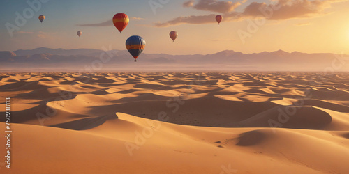 hot air balloon over a sand dunes desert © magann