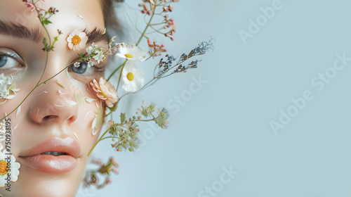 Cropped portrait of a young woman with fashion decor of wildflowers flowers in at face on blue background. Design project for natural cosmetics advertising. Spring beauty concept
