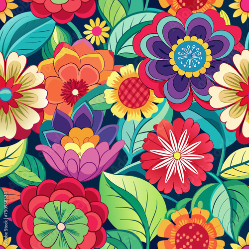 Seamless floral pattern, colorful summer ditsy print with hand drawn flower cartoon plants collection