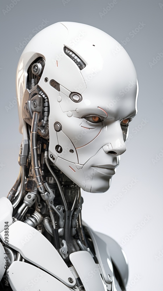 robot with human face on white background