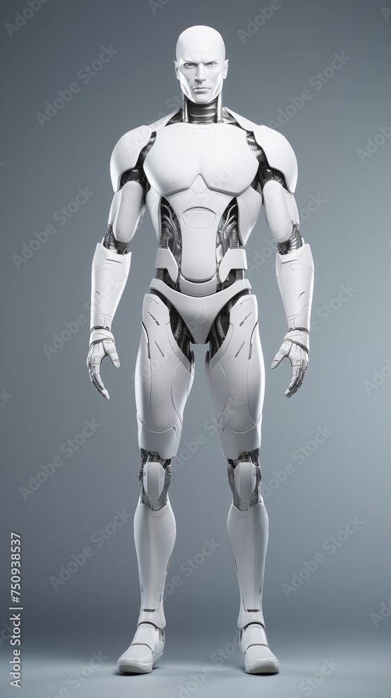 robot with male human face on white background