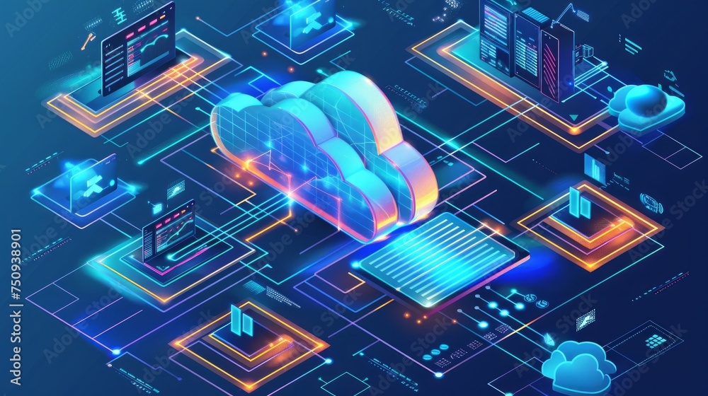 Internet Based Infromation System An isometric landing page displays cloud computing services ...