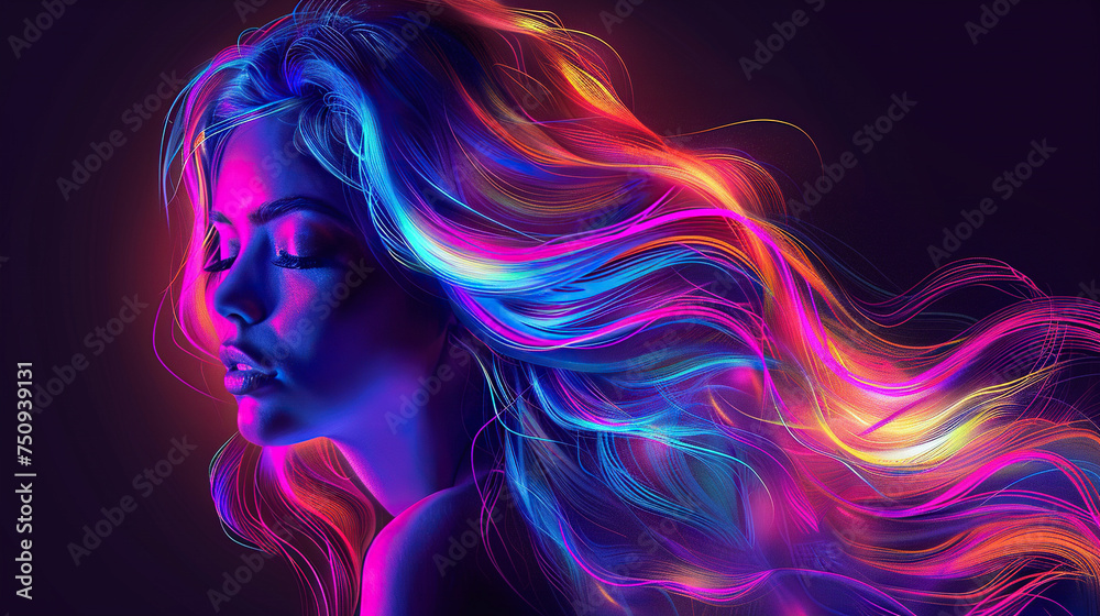 girl model side view of long neon color hair , showing ombre color , hairdye, haircolor, hair salons posters	