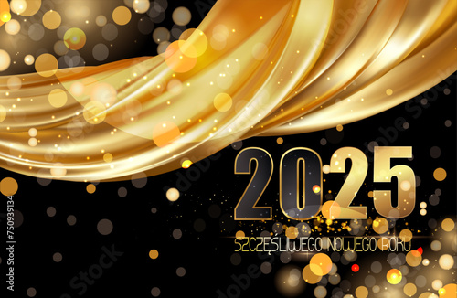 karta lub baner z życzeniami szczęśliwego nowego roku 2025 w kolorze czarno-złotym z zasłoną ze złotego materiału na czarnym tle z kółkami z efektem bokeh