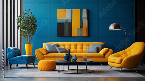A modern living room featuring bold color blocking of bright blue and yellow © Textures & Patterns